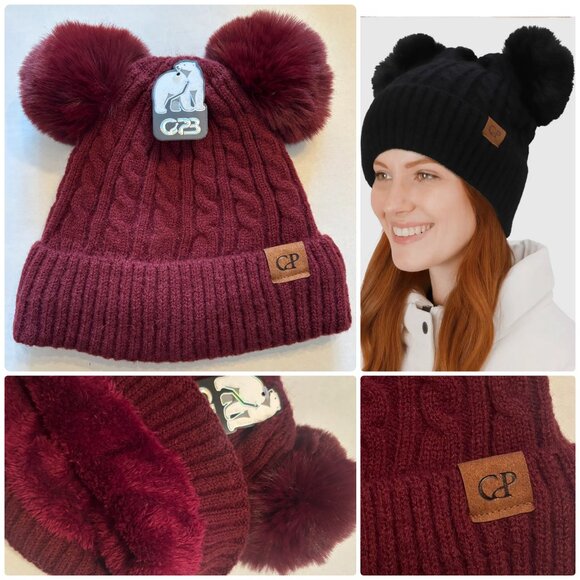 NWT CPB Women's warm cable knit fleece lined Beanie with double Pom-Poms,Burgund - Picture 1 of 6